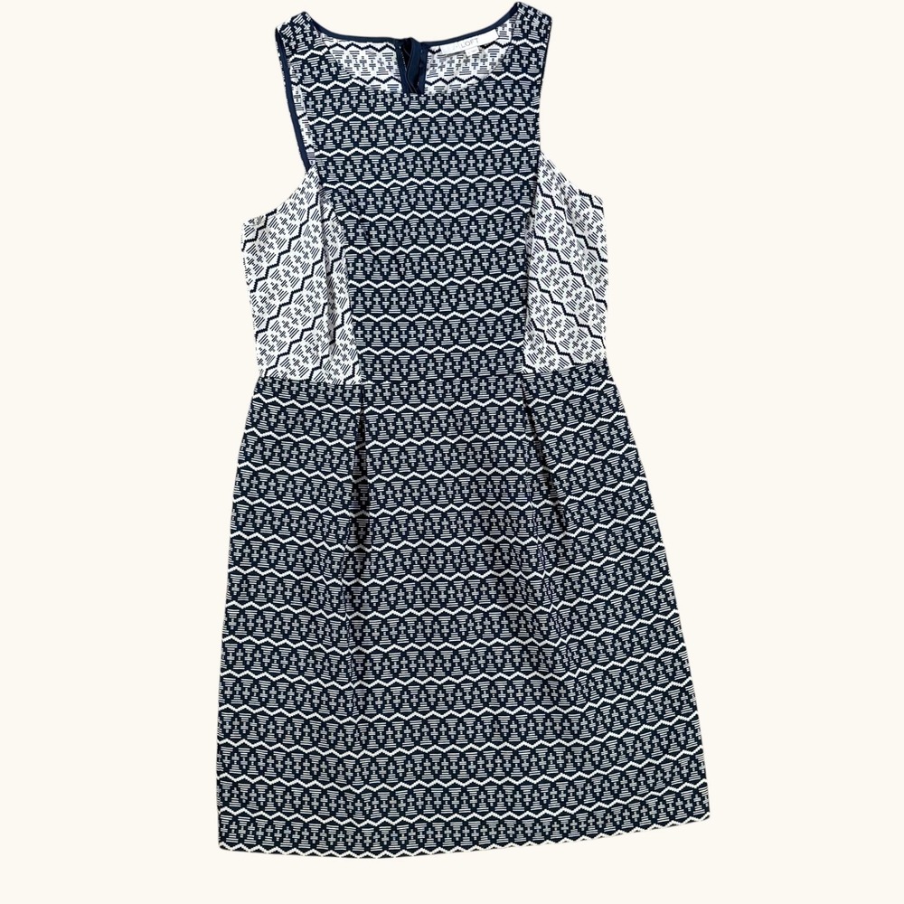 Ann Taylor Loft Navy Ivory Geometric Print Cotton Sleeveless Shift Dress Size 2